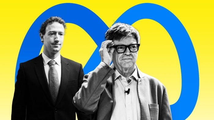 Mark Zuckerberg and Yann LeCun stand in front of a large Meta logo on a yellow background.