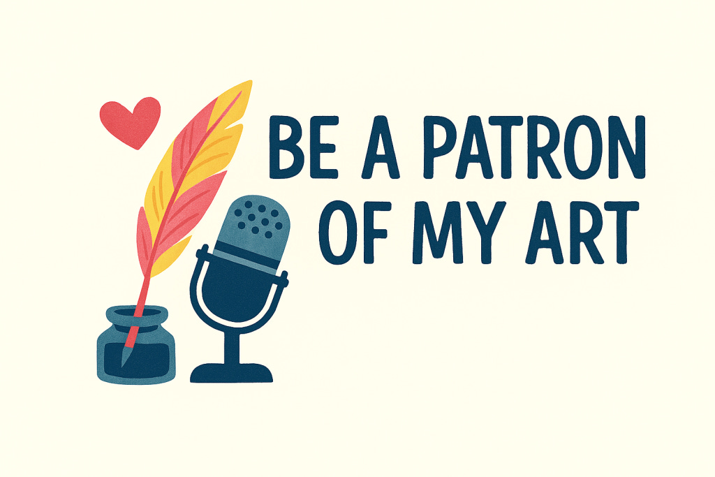 A rounded‑corner button with a beige background. On the left, a pink and yellow quill is dipped into a dark blue ink jar. A detailed dark blue and medium‑blue desk microphone sits beside it. A small pink heart appears above the quill. To the right, hand‑drawn dark blue text reads “Be a Patron of My Art.” The illustration has a soft, handcrafted indie style.
