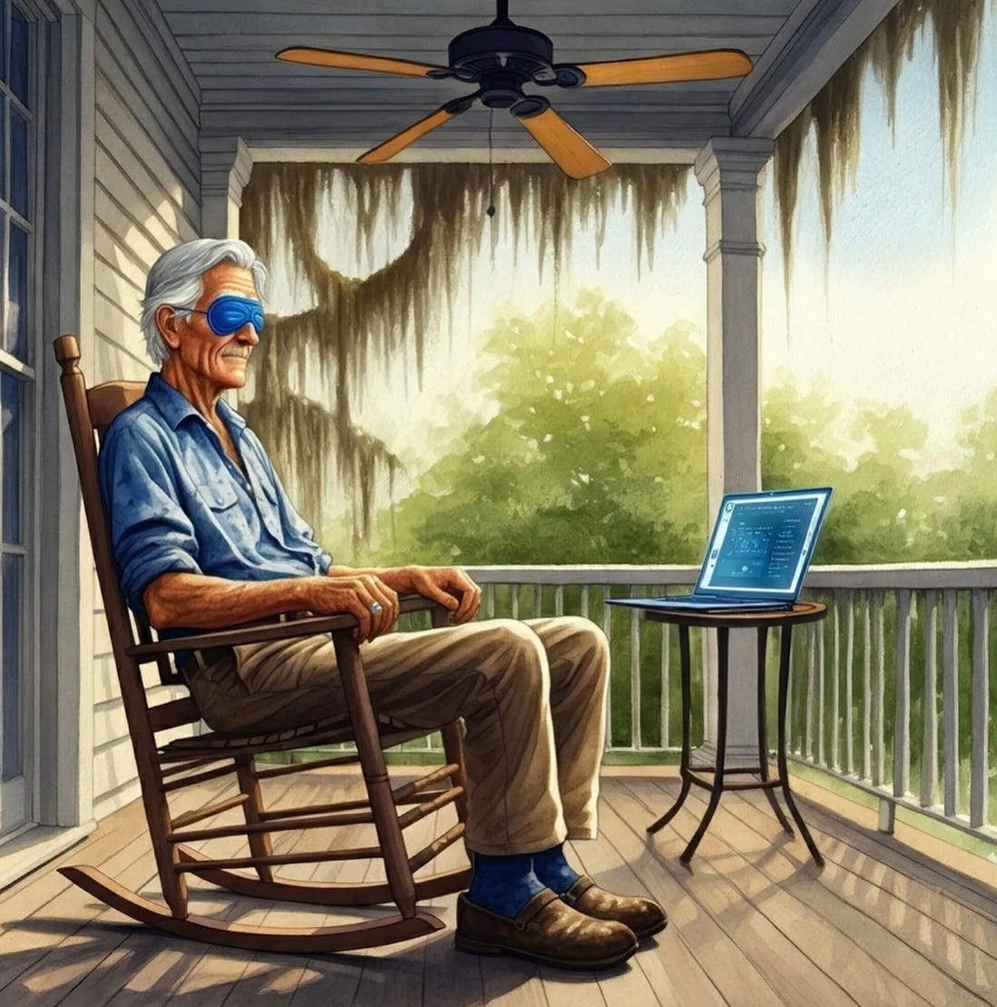 Emile Navarre in his rocking chair on front porch in Louisiana.