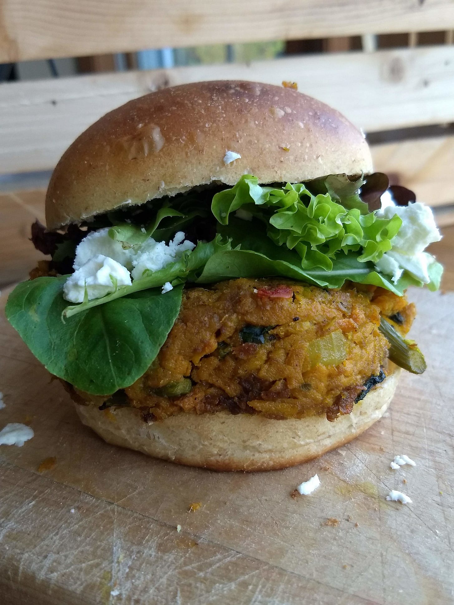  The color of this burger is awesome -- thanks, turmeric! I love the specs of color coming from the chopped vegetables and herbs too. 