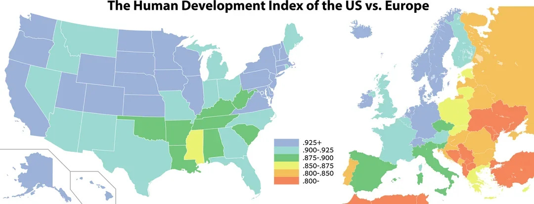 r/interestingasfuck - HDI of different US states compared with European countries