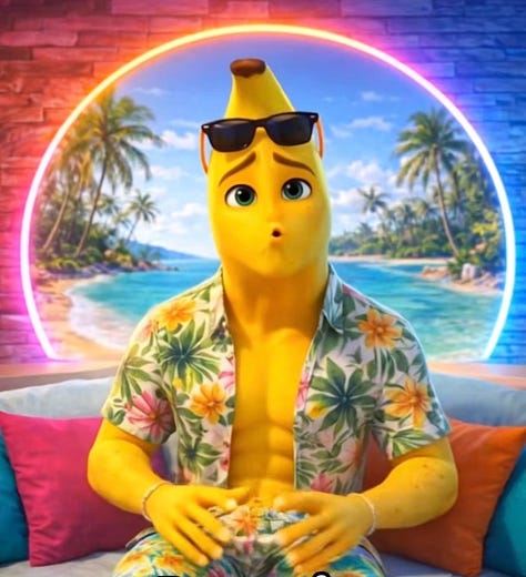 LEFT TO RIGHT: Fruit Island’s Bananito (TikTok); PhD student David Vahey - on the right (Nordin Ćatić); Science reporter Andrew Griffin (LinkedIn); journalist & author Jill Lepore (stanford.edu); artist Andrea Zelenak (Inkcourage); Claude Constitution author Amanda Askell (LinkedIn)