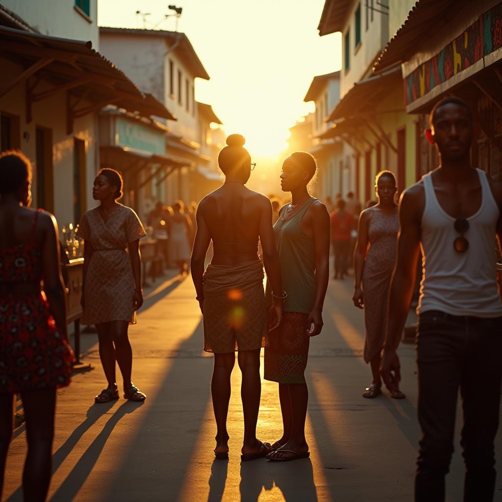 Vibrant Caribbean community atmosphere, warm golden sunlight casting long shadows, people of diverse age and dress engaging in lively conversation, rich colors and textures of traditional Jamaican clothing, ornate wood and colorful market stalls.