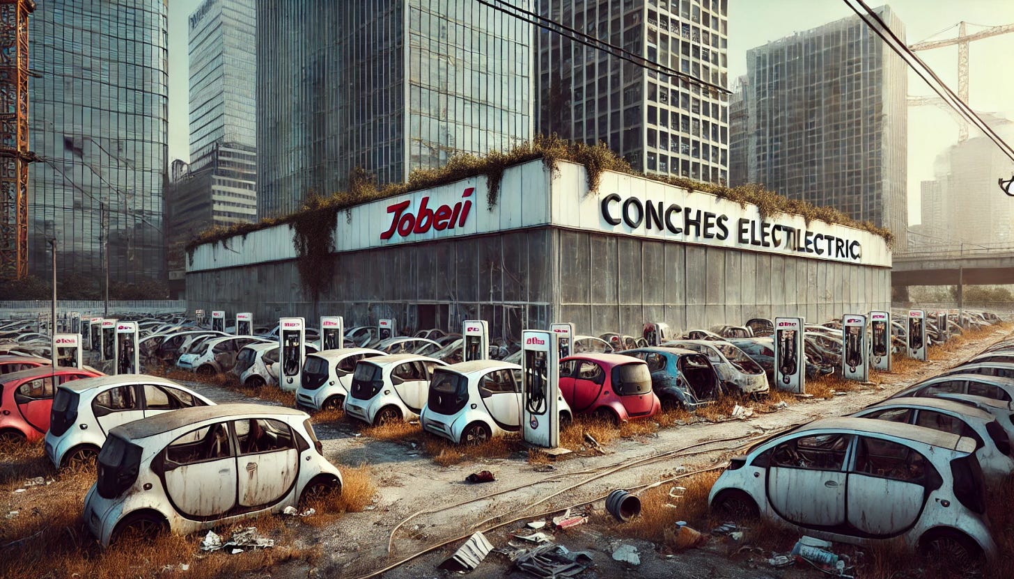 Una imagen muy realista de un concesionario de coches eléctricos abandonado en un entorno urbano. El edificio tiene una fachada de vidrio con ventanas rotas y un logotipo descolorido o caído. Algunos autos eléctricos están descuidados en el área de estacionamiento, con maleza creciendo alrededor. Las estaciones de carga están oxidadas y fuera de servicio. El ambiente parece desolado, con papeles y escombros en el suelo. Al fondo, se ven edificios modernos contrastando con el estado ruinoso del concesionario. El cielo está nublado, dando una sensación de decadencia.