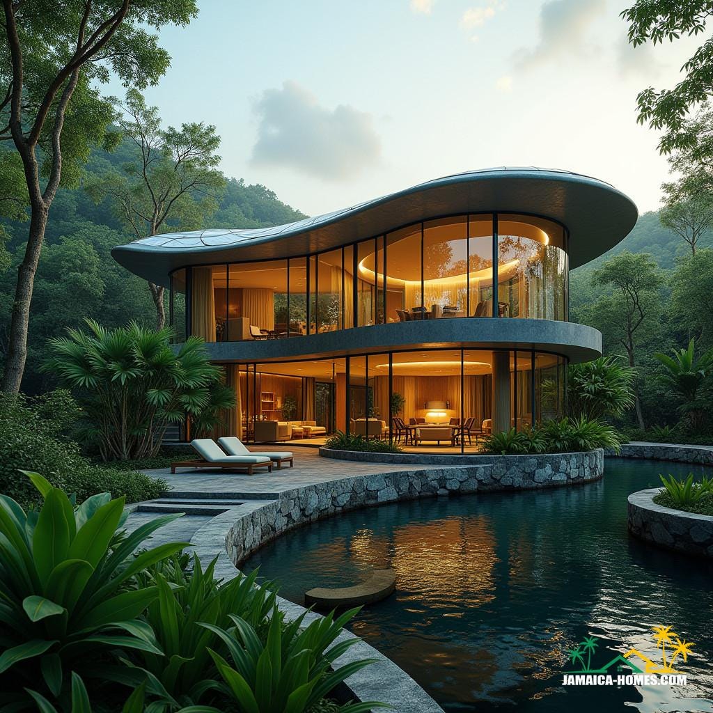 Modern, eco-friendly Cincinnati Mushroom House nestled in a lush Jamaican landscape, surrounded by a serene pond and vibrant Caribbean foliage, with an emphasis on sustainability through sleek solar panels and innovative water harvesting systems. The unique, curved architecture features extensive glass walls and protruding windows, allowing an abundance of natural light to flood the interior.