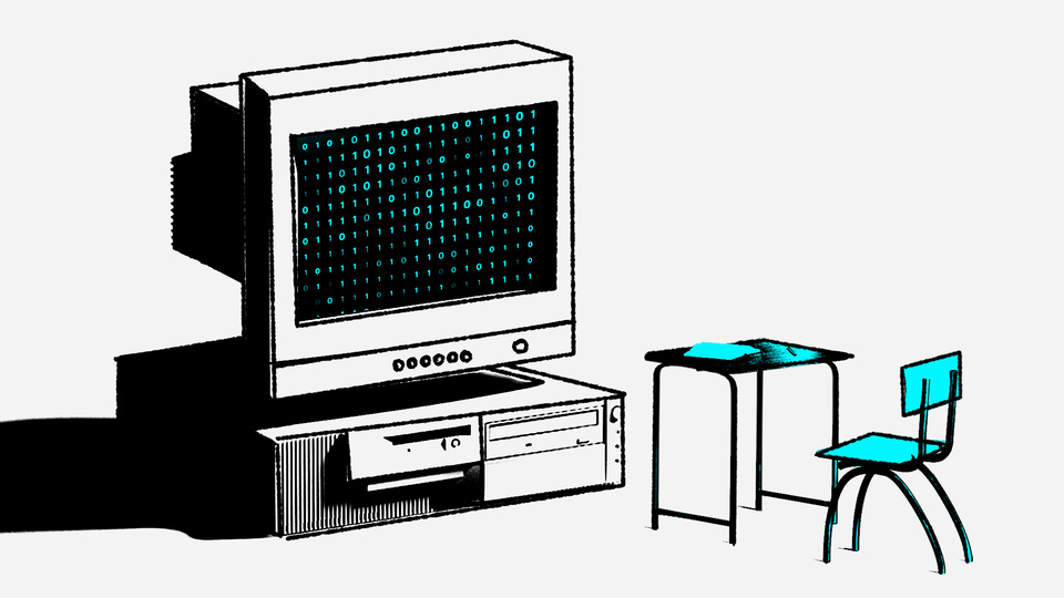 An illustration of a desk next to a computer monitor