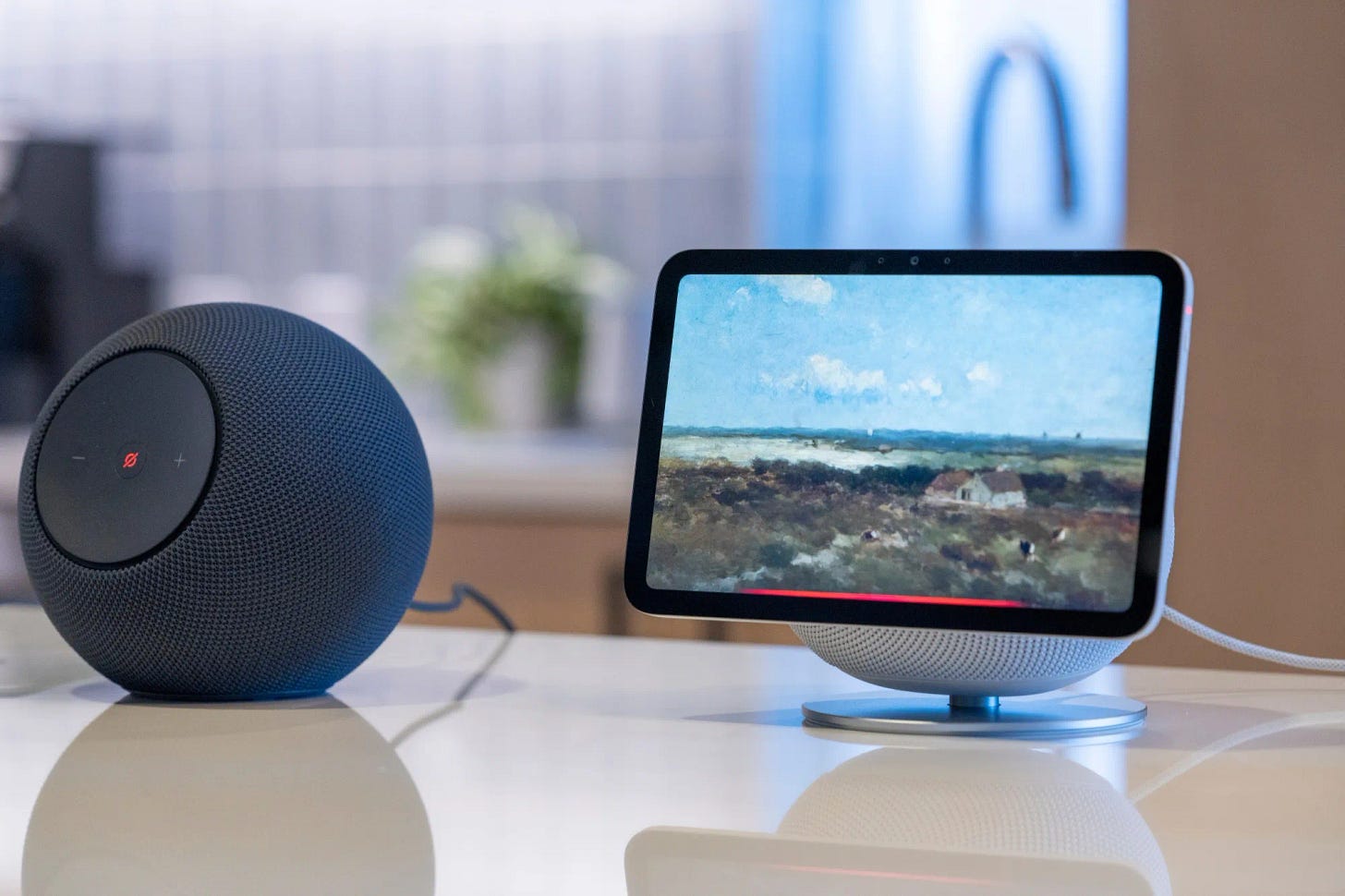 Amazon Echo Show 8, right, and Echo Studio at the Amazon headquarters in Seattle.