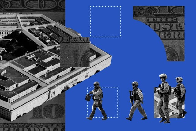 Photo collage. U.S. soldiers and pilots walk towards a Pentagon building that is deconstructed into empty shapes and shapes filled with hundred dollar bills. Photo collage. U.S. soldiers and pilots walk towards a Pentagon building that is deconstructed into empty shapes and shapes filled with hundred dollar bills.
