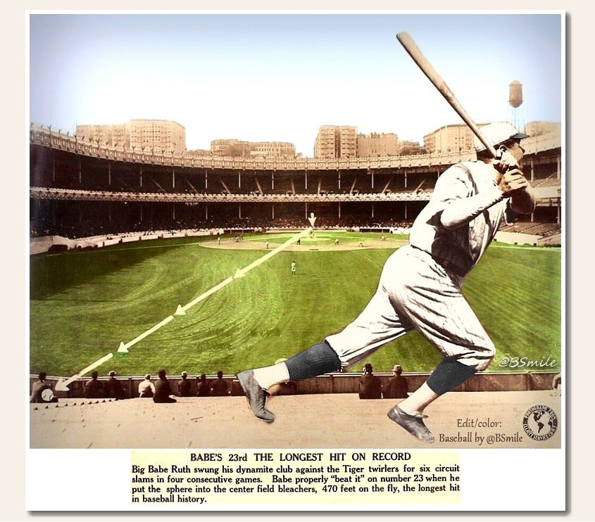 Colorized graphic showing Ruth's massive home run from a bleacher view.