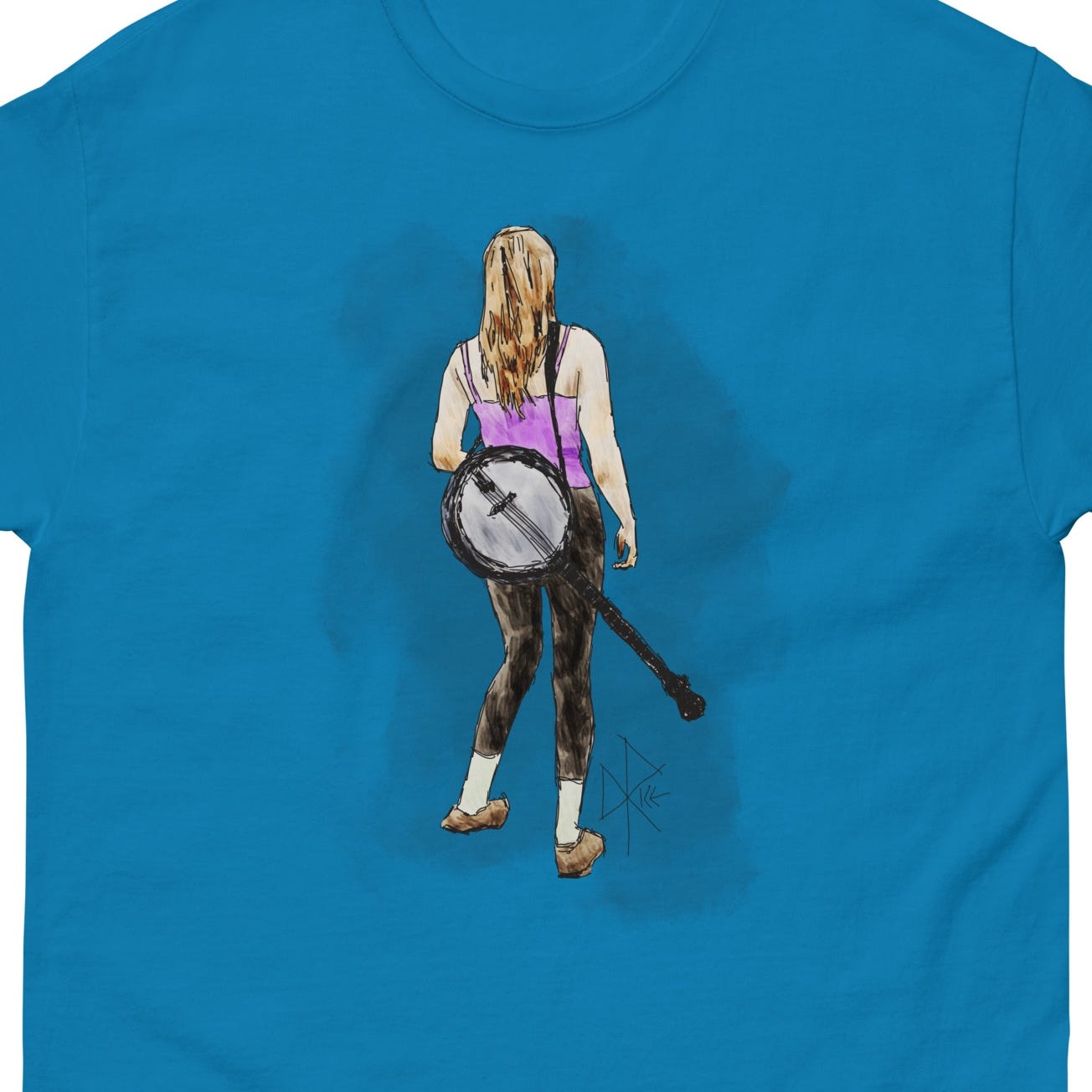 Prepared to perform at a music festival, a woman stands with a banjo casually slung at her back. Sketch art by Don Rice.