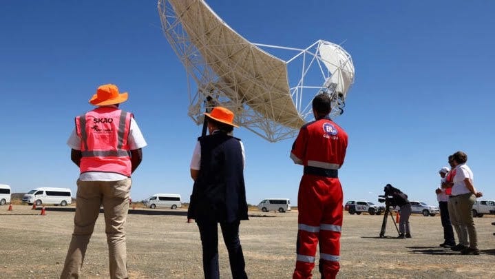 South Africa's prototype dish of the Square Kilometre Array-Mid telescope outside the town of Carnarvon. South Africa's prototype dish of the Square Kilometre Array-Mid telescope outside the town of Carnarvon.