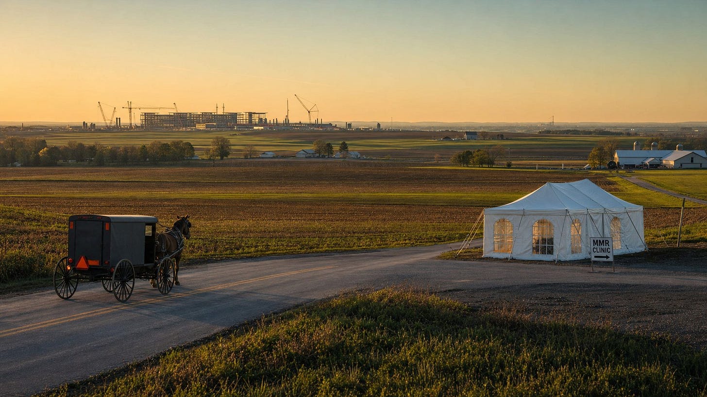 Amish buggy on a rural Pennsylvania road with a pop-up MMR clinic tent and distant data-center construction on the horizon