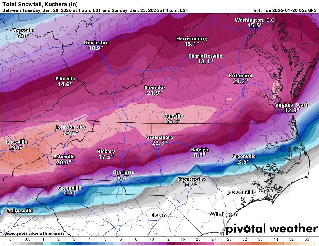 May be an image of map and text that says 'Total Snowfall, Kuchera (in) Between Tuesday, Jan. 20, 2026 at t1 a.m. EST and Sunday Jan. 25, 2026 Maysville 6.0" p.m. EST Charleston leston 10.9" Init: Tue 2026-01-2 20 06z GFS Washington, D.C. 15.5" Harrisonburg nburg 15.1' 1" Pikeville 14.6" Charlottesville 18.1" Roanoke 21.9" Richmond 23.2" Johnson City 27.5" Knoxville 29.6" Danville 26.2" Virginia Beach 12.3" Greensboro 22.3" Asheville 20.0" Hickory 17.5" Raleigh 8.8" 8" Charlotte 5.4" Greenville 4.2" Greenville 3.5" Gainesville Fayetteville 0.2" Jacksonville www.pivotalweather.com otalweather.com 0.1 0.5 2 Florence 3 4 5 6 8 10 12 16 20 24 Wilmington piv#tal weather 28 32 36 44 52'