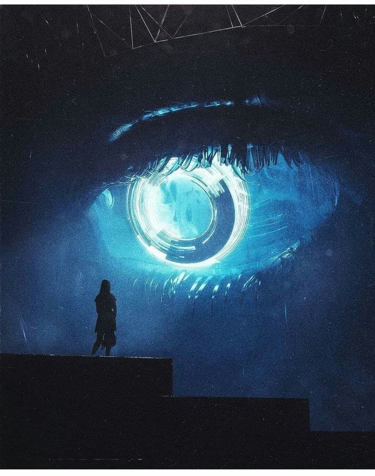 This may contain: a person standing on a ledge in front of an eyeball with blue light coming from it
