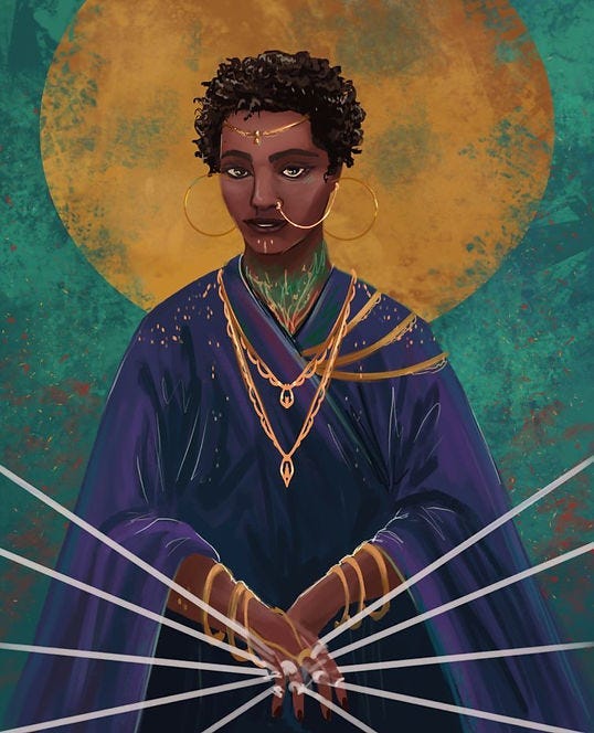 A serene figure in a purple robe holds glowing strings. Gold jewelry accents their look. A textured teal and orange halo background sets a mystical mood.