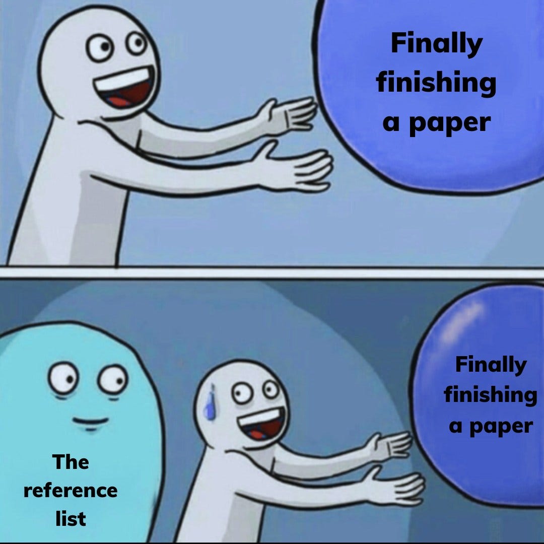 A humorous two-panel meme showing a cartoon character excited about finishing a paper, then sweating when facing the reference list.