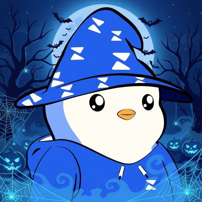 A cartoon white penguin with big eyes and a small beak wears a blue wizard hat with white patterns and a matching blue hooded robe. It stands in a dark night scene under a full moon with twisted bare trees silhouettes bats flying spider webs draped around and orange pumpkins with carved faces at the base. Misty fog swirls in the background enhancing the spooky Halloween atmosphere. A cartoon white penguin with big eyes and a small beak wears a blue wizard hat with white patterns and a matching blue hooded robe. It stands in a dark night scene under a full moon with twisted bare trees silhouettes bats flying spider webs draped around and orange pumpkins with carved faces at the base. Misty fog swirls in the background enhancing the spooky Halloween atmosphere.