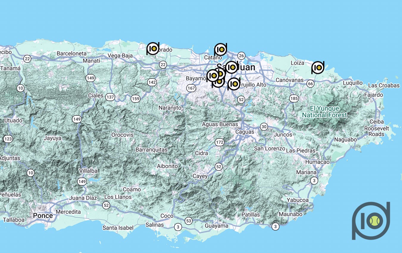 Map showing Padel courts and clubs in Puerto Rico Map showing Padel courts and clubs in Puerto Rico