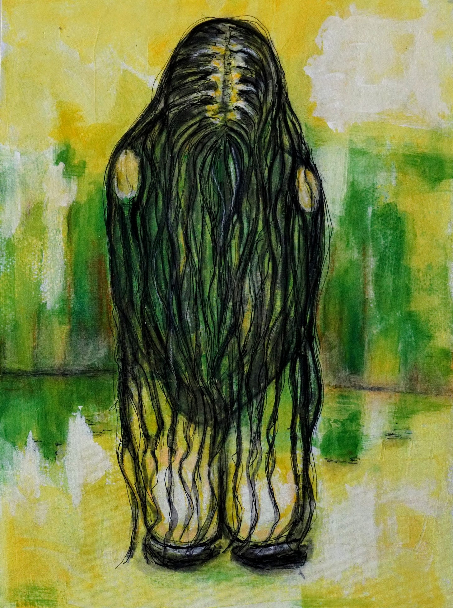 Painting of a nude woman kneeling, her long hair covering her face and body down to her knees Painting of a nude woman kneeling, her long hair covering her face and body down to her knees