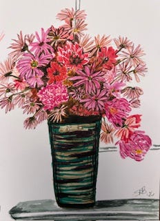 A tall striped vase with a floral bouquet of peonies and daisies