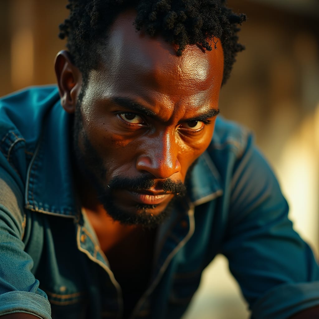 Intense close-up of a weary Jamaican laborer, sweat-drenched face illuminated by warm, golden cinematic lighting, deep shadows accentuating determined features, hint of exhaustion etched on weathered skin, worn denim shirt clinging to muscular frame, sleeves rolled up, revealing toned forearms, film grain and subtle vignette adding texture, depth to the 35mm film aesthetic, evoking the gritty realism of a documentary, yet elevated to epic, cinematic heights, reminiscent of the vivid, high-contrast style of cinematographers
