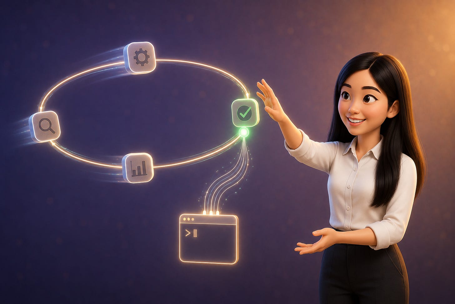 Pixar-style 3D illustration of Jenny Ouyang from Build to Launch conducting a glowing circular loop track where Pixar-style task tokens cycle in motion until one stops at a bright green checkpoint marker, with a pulsing terminal below sending passes back through the ring, representing Claude Code's loop running until the job is genuinely done