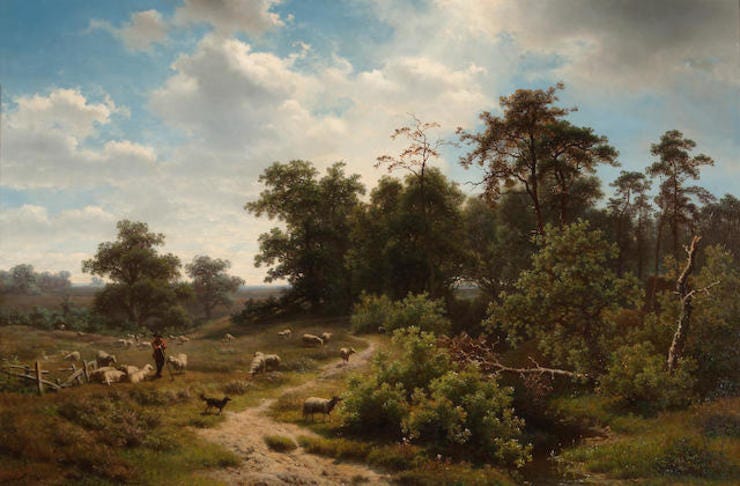 'A wooded landscape with a shepherd and his flock' - olieverf op doek: Richard Burnier (herkomst: voorm. coll. Bonhams) 'A wooded landscape with a shepherd and his flock' - olieverf op doek: Richard Burnier (herkomst: voorm. coll. Bonhams)