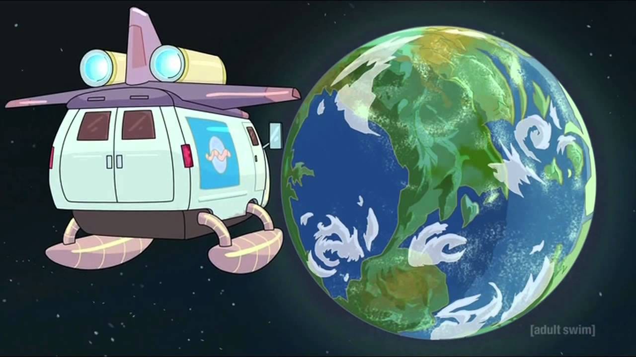 Animated scene from Rick and Morty showing Rick's flying vehicle hovering beside Tiny Earth, a miniature Earth-like planet floating in space with visible continents, oceans, and swirling cloud patterns. The joke is, they're not far from it - it's really small. 