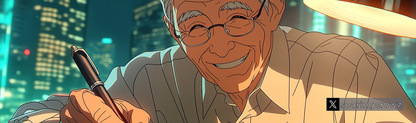 一位和藹可親的的老人，正在自己的日記本上簽名，名字為「Satoshi Nakamoto」