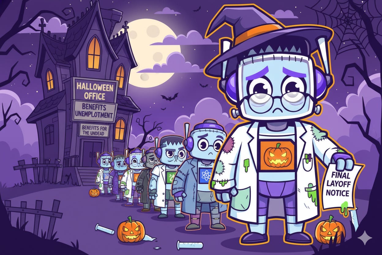 A sad robot character dressed in a Frankenstein-like witch costume stands in a Halloween-themed unemployment line outside a spooky "Halloween Office" building under a full moon. Other robot characters in various monster costumes wait behind him.
