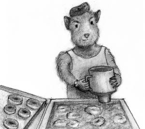 Hamms the hamster cooking donuts the old-school way.