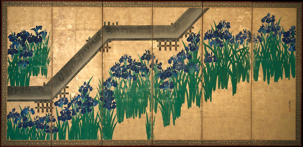 Irises at Yatsuhashi folding screen painting by Ogata Korin Irises at Yatsuhashi folding screen painting by Ogata Korin