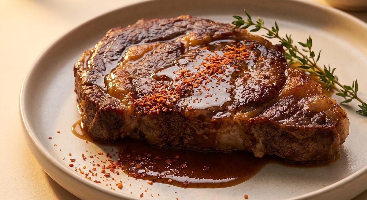A juicy, perfectly seared marbled beef steak glazed with a rich butter sauce, sprinkled with crushed chili flakes and fresh thyme sprigs on a ceramic plate. A juicy, perfectly seared marbled beef steak glazed with a rich butter sauce, sprinkled with crushed chili flakes and fresh thyme sprigs on a ceramic plate.