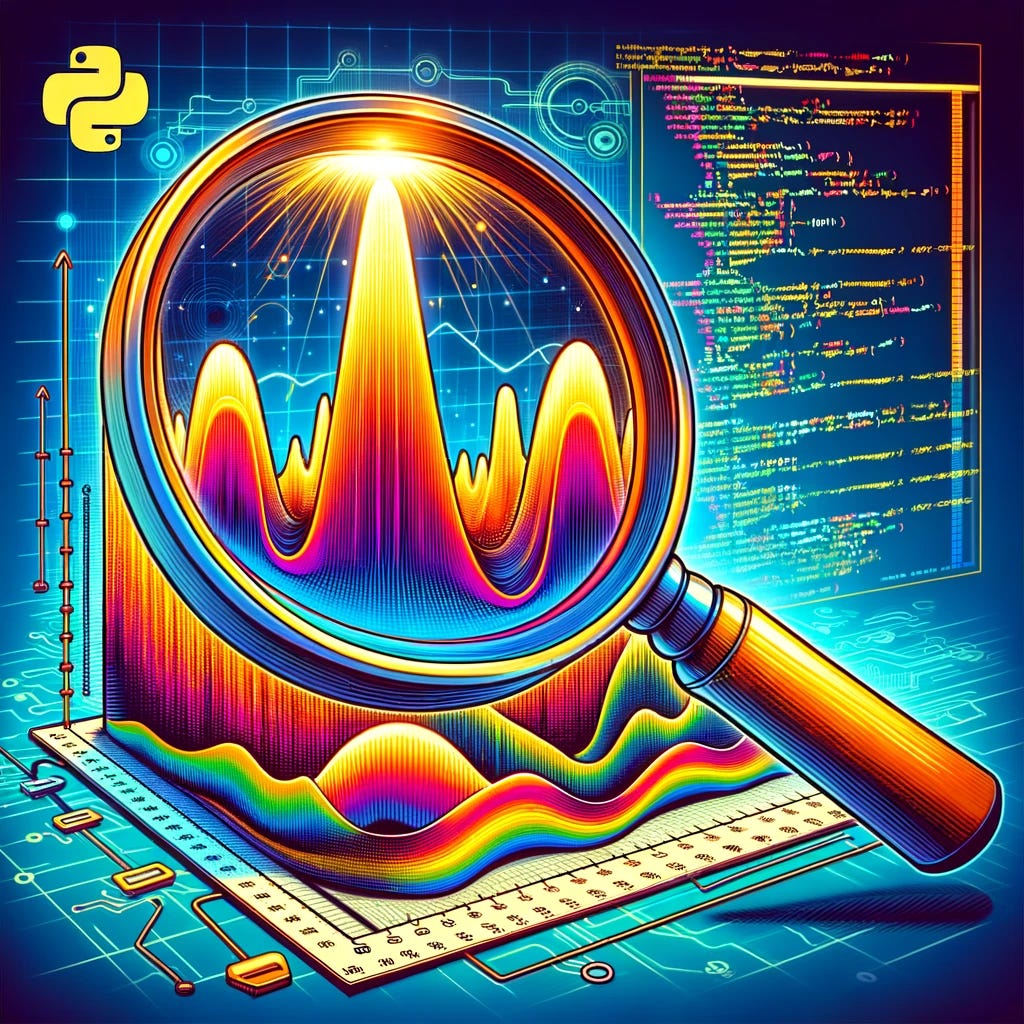 A vibrant and imaginative illustration of a Python profiler in action. The image shows a large, stylized magnifying glass hovering over lines of Python code, illuminating the code beneath. Inside the magnifying area, the code is transformed into a dynamic 3D visualization, with peaks and valleys indicating the performance of different sections of the code. The background is filled with digital motifs and Python logos, emphasizing the technological and coding theme. This representation captures the essence of a profiler analyzing and optimizing Python code.