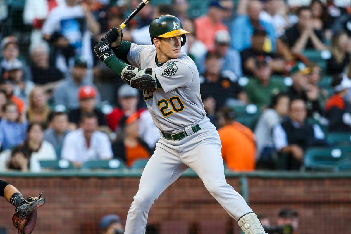 Oakland Athletics right fielder Mark Canha (20) at-bat against San Francisco Giants pitcher Madison Bumgarner (40) before striking out at Oracle Park on Aug. 13, 2019 in San Francisco, California. (Chris Victorio | Special to S.F. Examiner). Oakland Athletics right fielder Mark Canha (20) at-bat against San Francisco Giants pitcher Madison Bumgarner (40) before striking out at Oracle Park on Aug. 13, 2019 in San Francisco, California. (Chris Victorio | Special to S.F. Examiner).