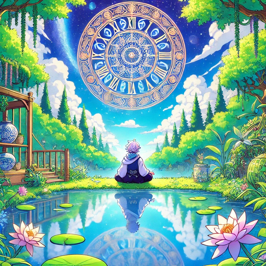 Anime-style illustration depicting the themes of temperance and trusting the process. The scene includes a tranquil pond surrounded by lush, vibrant greenery, reflecting a clear blue sky. In the foreground, an anime character is meditating peacefully beside the water. Overhead, a large, intricate clock face blends into the sky, symbolizing the passage of time and patience. The illustration is characterized by bright, vivid colors and exaggerated anime features, conveying a sense of harmony and the philosophical depth of the themes.