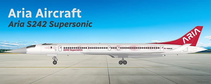 Aria S242 Supersonic airliner in house livery, shown in side view while in midflight and while parked on a tarmac.