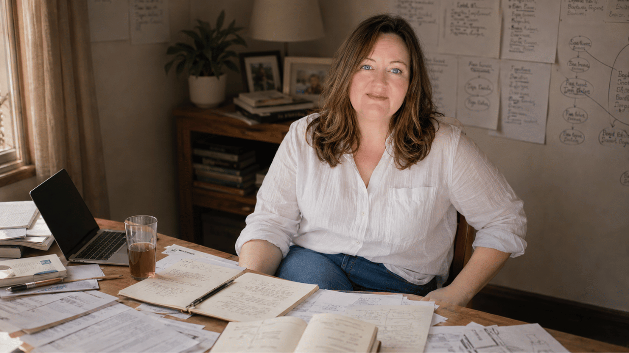 An independent consultant sits at a desk with a cup of tea and an open notebook, reflecting on how understanding her working style transformed the way she runs her consultancy.