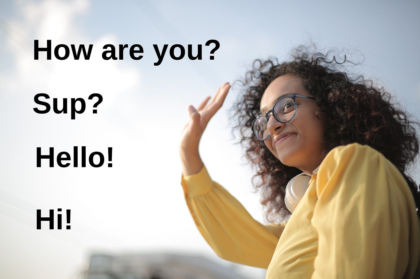 Woman waving and saying how are you, sup, hello, and hi. Woman waving and saying how are you, sup, hello, and hi.