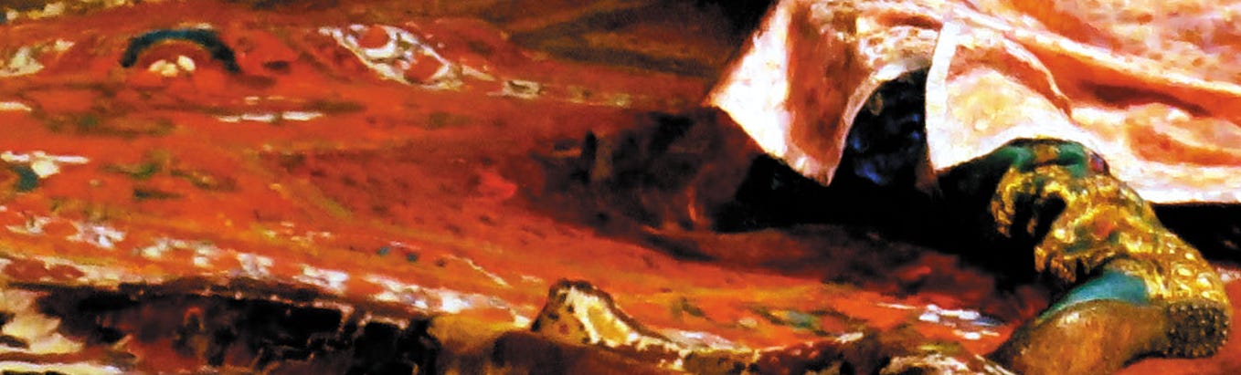 Detail of the lower part of the painting, with the young man's green boots and blue trousers on a crumpled red carpet. Detail of the lower part of the painting, with the young man's green boots and blue trousers on a crumpled red carpet.