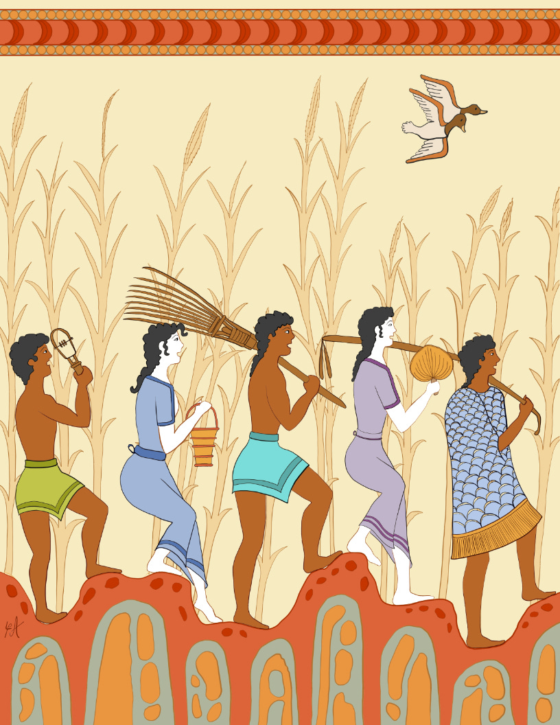 A scene in the style of ancient Minoan art, showing a group of people walking over hilly ground, singing and carrying harvest implements. Behind them is a field of grain.