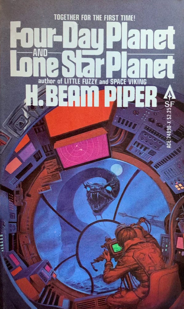 Book cover for FOUR-DAY PLANET AND LONE STAR PLANET by H. Beam Piper, published by Ace Books.