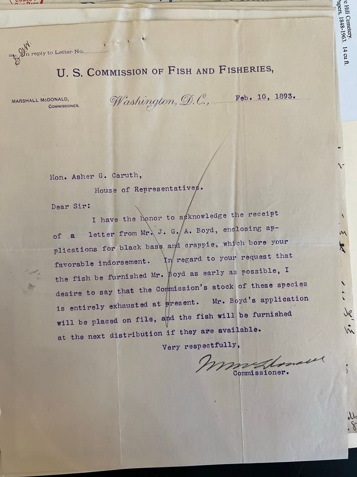 typewritten letters from 1893 regarding fish at Cave Hill