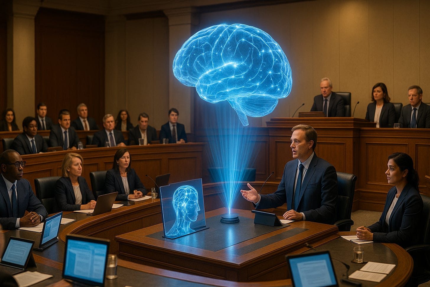 Cameră legislativă modernă în care parlamentarii dezbat, sub un hologram AI transparent în formă de creier care plutește deasupra pupitrului central, iluminare caldă și echilibrată. Cameră legislativă modernă în care parlamentarii dezbat, sub un hologram AI transparent în formă de creier care plutește deasupra pupitrului central, iluminare caldă și echilibrată.
