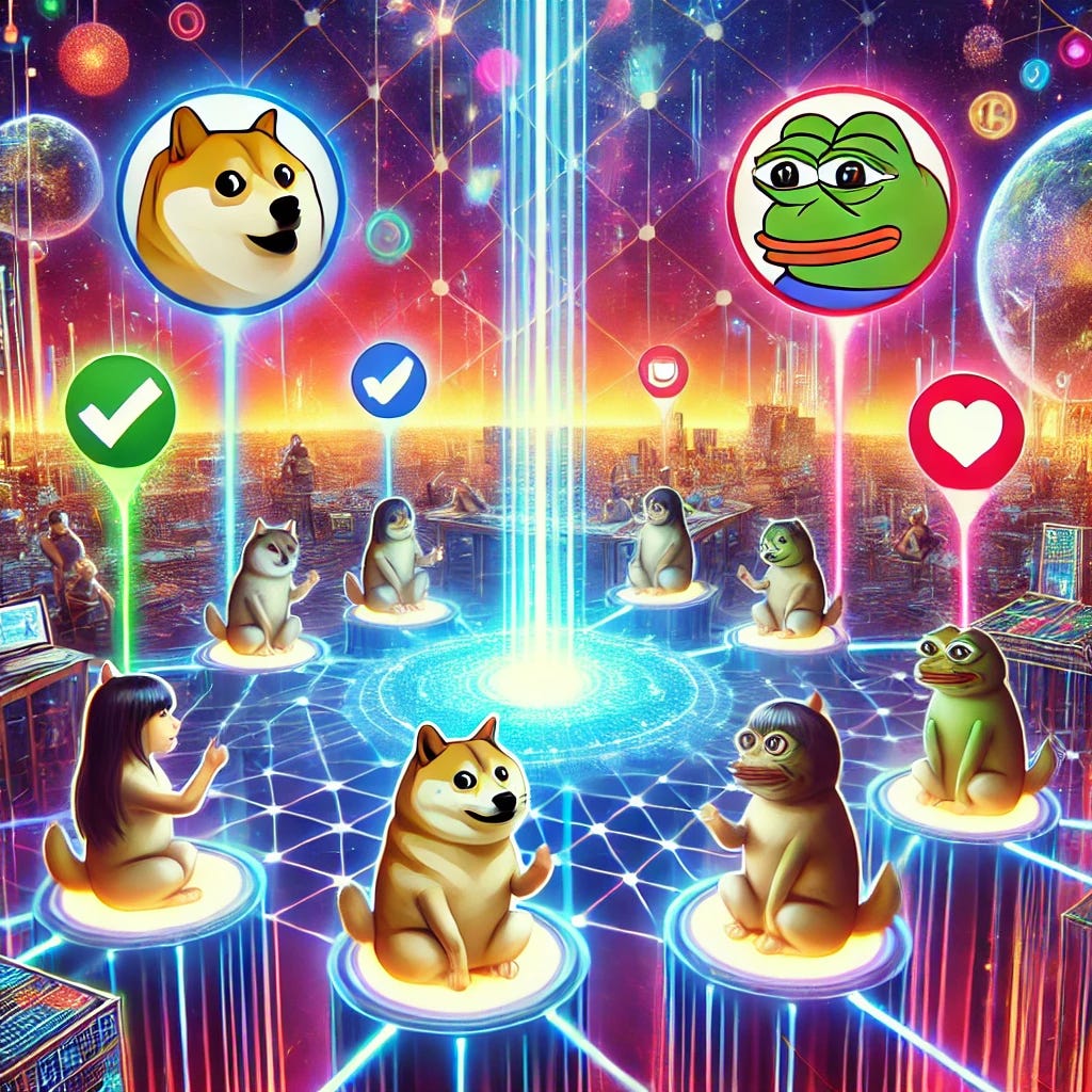 A digital illustration showing characters inspired by popular memecoins like Doge and Pepe collaboratively evaluating and voting on glowing digital elements within a vibrant, futuristic platform. The environment is dynamic, with interconnected nodes and transparent pathways symbolizing community-driven quality control. Each character is actively contributing, symbolizing trust, engagement, and shared standards. The background is colorful and expansive, emphasizing creativity and collaboration. No text or symbols included.