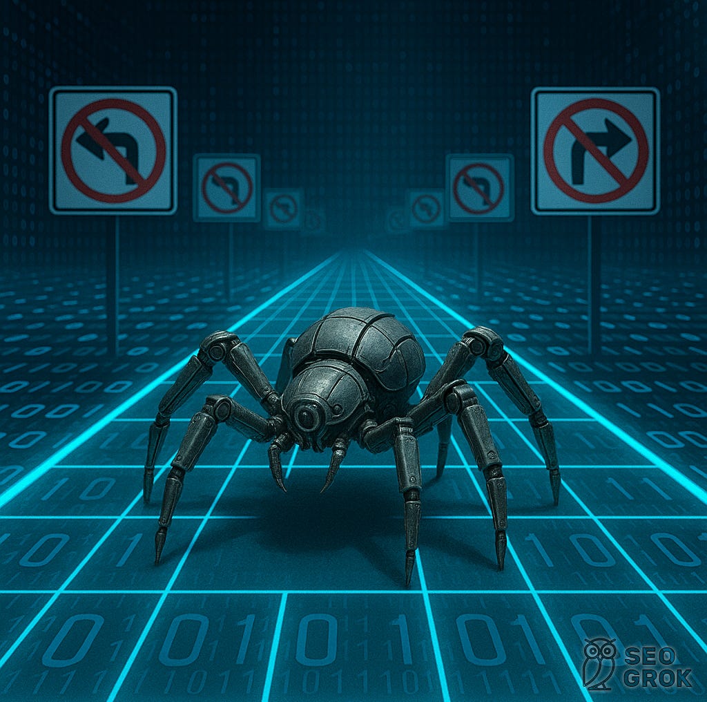 An image of a search engine crawler on an information highway with signs instructing it where not to go