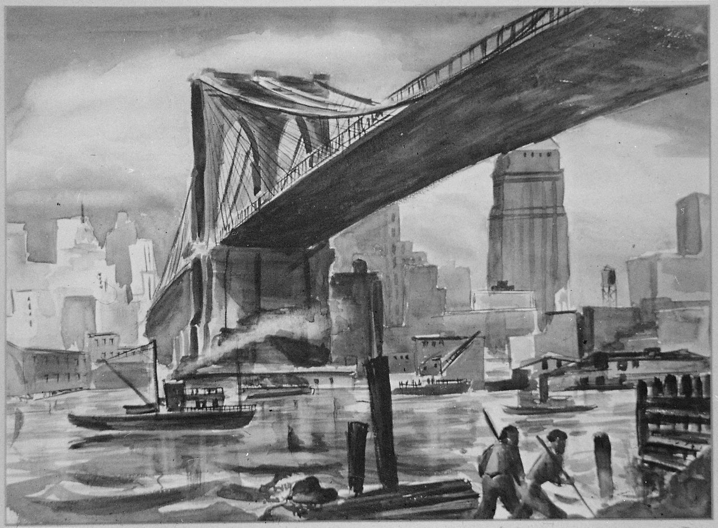 A black and white artwork depicting the Brooklyn Bridge from the perspective of the shoreline below.