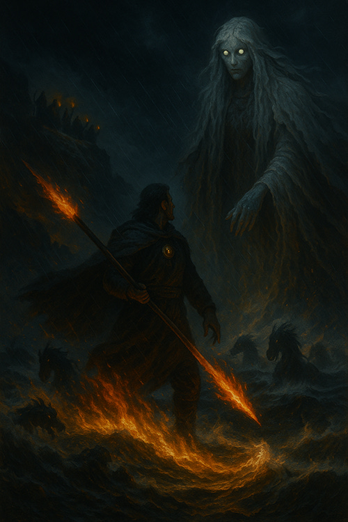 A dark, storm-lashed seascape unfolds beneath a fractured moon. Cael stands on the rocky shore, cloaked and grim, holding a spear that blazes with fire. Flames lick the surf around him, casting an orange glow across the churning black waters. Kelpies—mythic horse-like sea creatures—rear from the tide, their manes writhing as they scream in pain and fury. Towering above the waves looms the spectral figure of the Cailleach-Oidhche, her immense form woven of mist and frost. Her long white hair drifts like seaweed, and her pale, glowing eyes fix on Cael with an unblinking, mournful intensity. Behind Cael, on the ridge, faint torchlight marks the presence of his uneasy followers, watching the confrontation between man and myth. The atmosphere is tense and otherworldly, alive with fire, water, shadow, and prophecy. A dark, storm-lashed seascape unfolds beneath a fractured moon. Cael stands on the rocky shore, cloaked and grim, holding a spear that blazes with fire. Flames lick the surf around him, casting an orange glow across the churning black waters. Kelpies—mythic horse-like sea creatures—rear from the tide, their manes writhing as they scream in pain and fury. Towering above the waves looms the spectral figure of the Cailleach-Oidhche, her immense form woven of mist and frost. Her long white hair drifts like seaweed, and her pale, glowing eyes fix on Cael with an unblinking, mournful intensity. Behind Cael, on the ridge, faint torchlight marks the presence of his uneasy followers, watching the confrontation between man and myth. The atmosphere is tense and otherworldly, alive with fire, water, shadow, and prophecy.