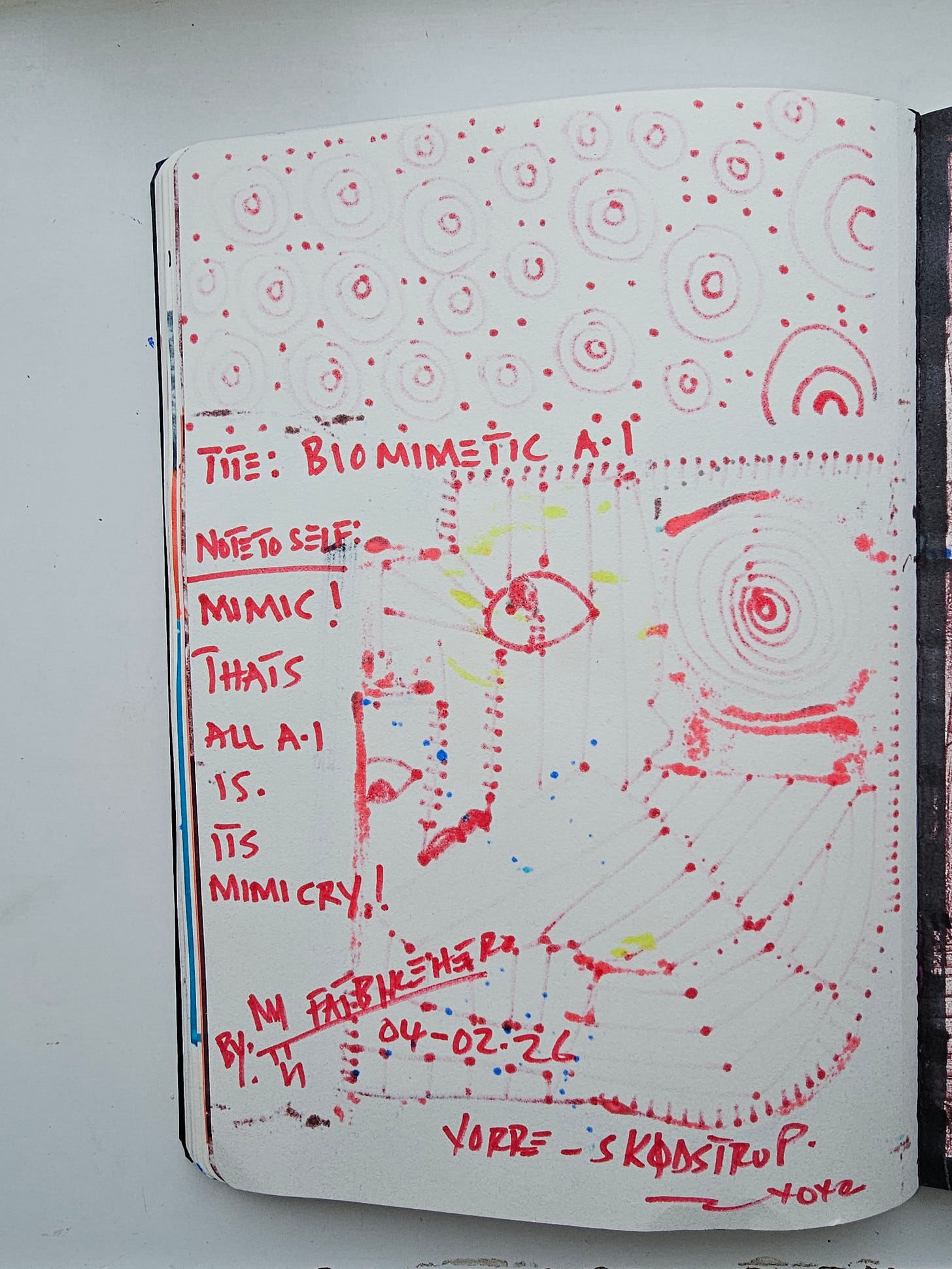 Handwritten manifesto on sketchbook verso stating that AI is mimicry, signed and dated by FatbikeHero in Vorre-Skødstrup. Handwritten manifesto on sketchbook verso stating that AI is mimicry, signed and dated by FatbikeHero in Vorre-Skødstrup.