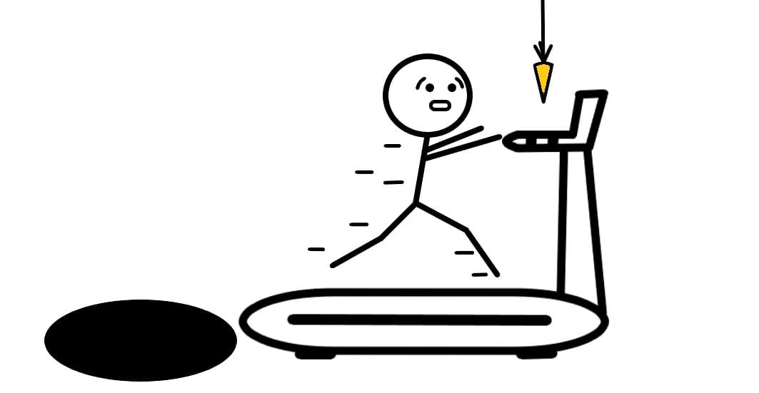 Person running on a treadmill, chasing a carrot, and black hole behind it